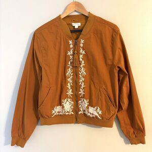 Knox Rose Burnt Orange Embroidered Bird Floral Zip Bomber Jacket Boho Nomadic L